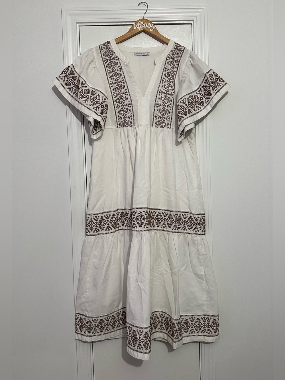 White Embroidered Midi Dress with Brown Trim